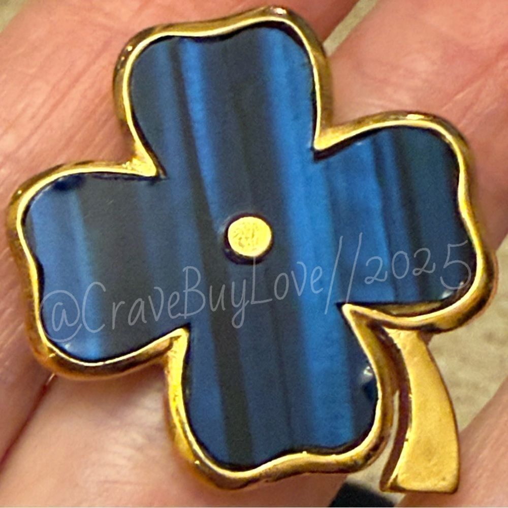 TRIFARI BLUE & GOLD TONE 4 LEAF CLOVER PIN BROOCH COSTUME GEM LUCKY CHARM VGUC